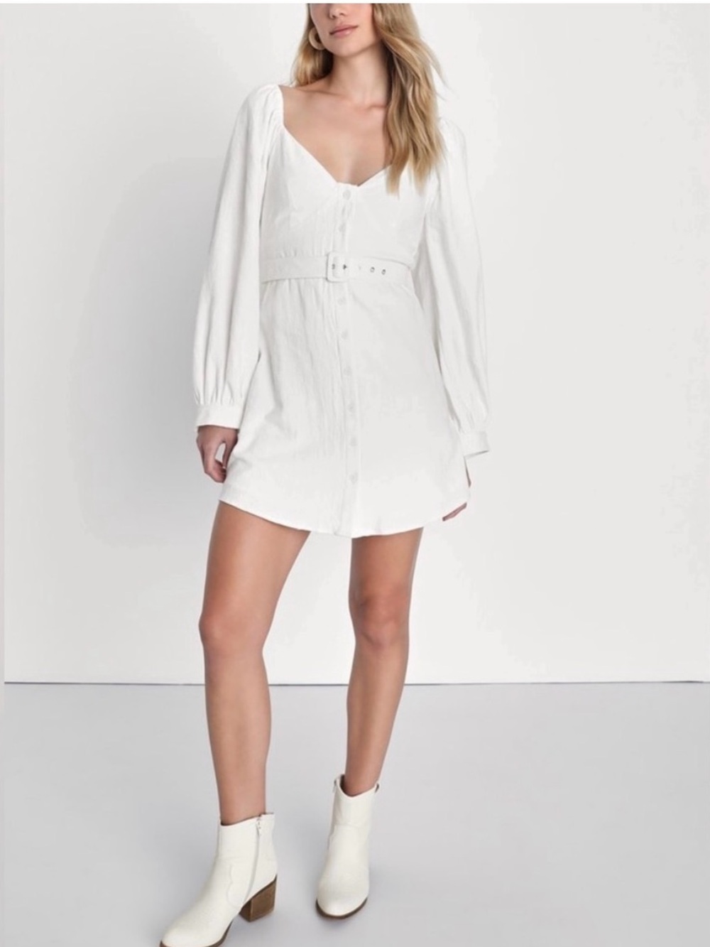 Lulu's White Long-Sleeve Button-Belted Mini Dress